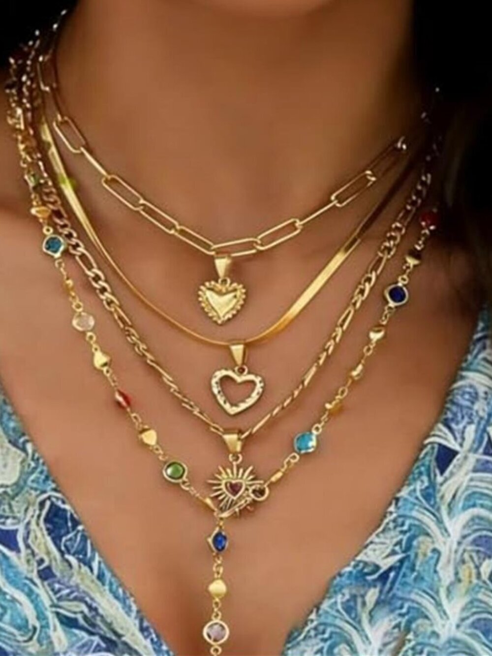 4 PCS Gold Layered Necklaces for Women Multicolor Stone Crystal Round Necklace